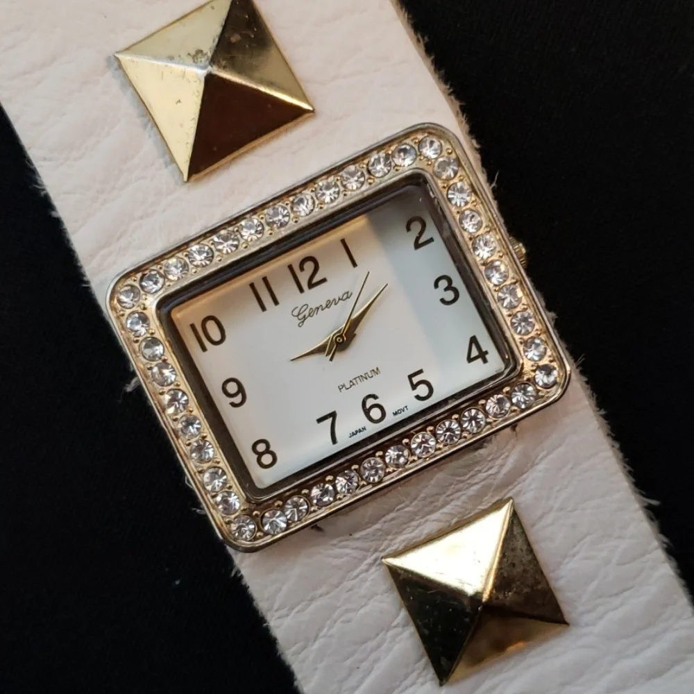 Off-white Vintage Geneva Platinum Jeweled Watch - Picture 2 of 12